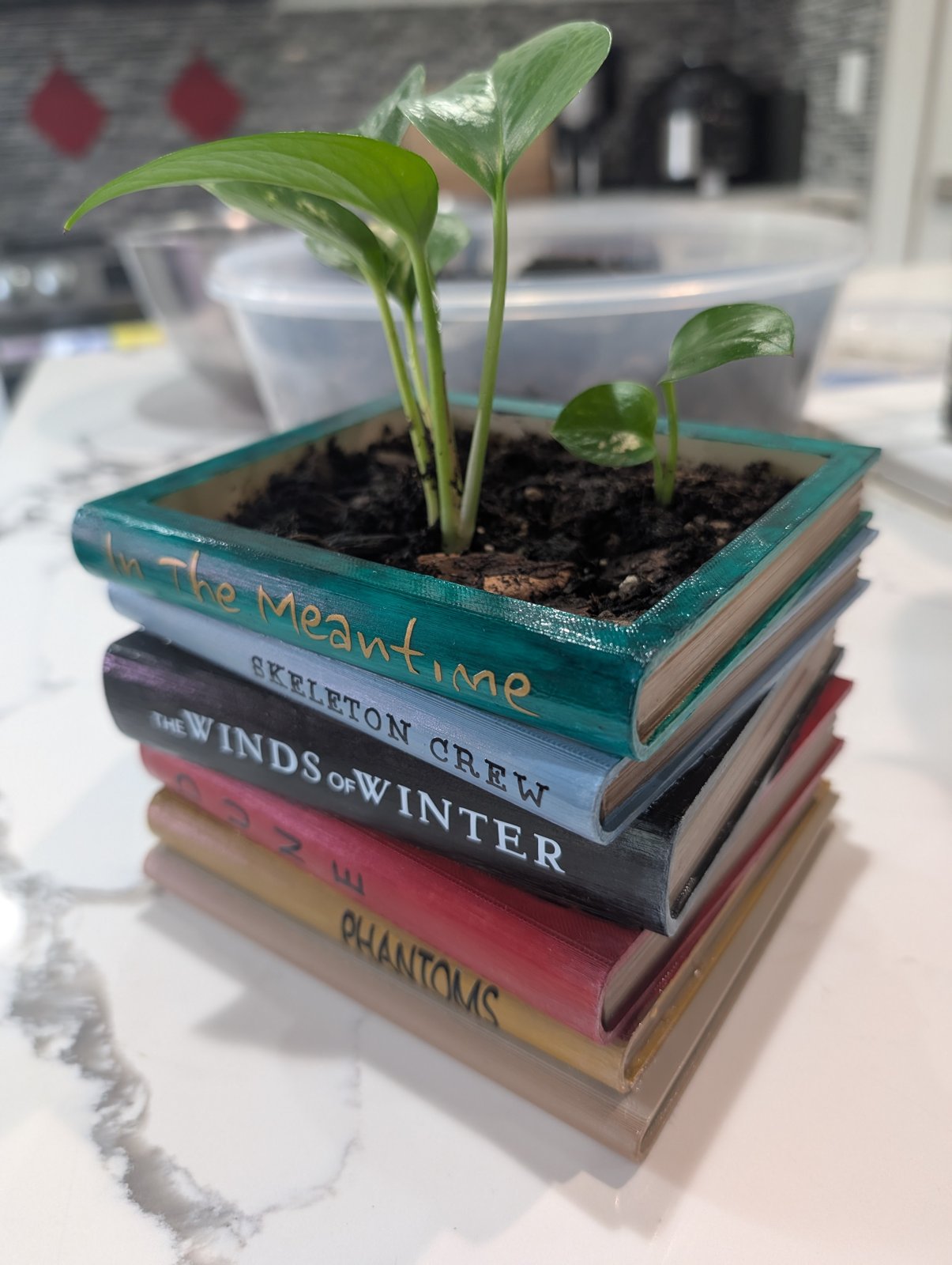 A hand-painted stack of wooden books used as a planter, with a small green sprout on top